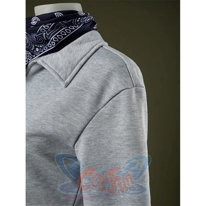 Right side detail: Eleven Cosplay Costume gray cropped collared top with dark blue paisley headscarf.