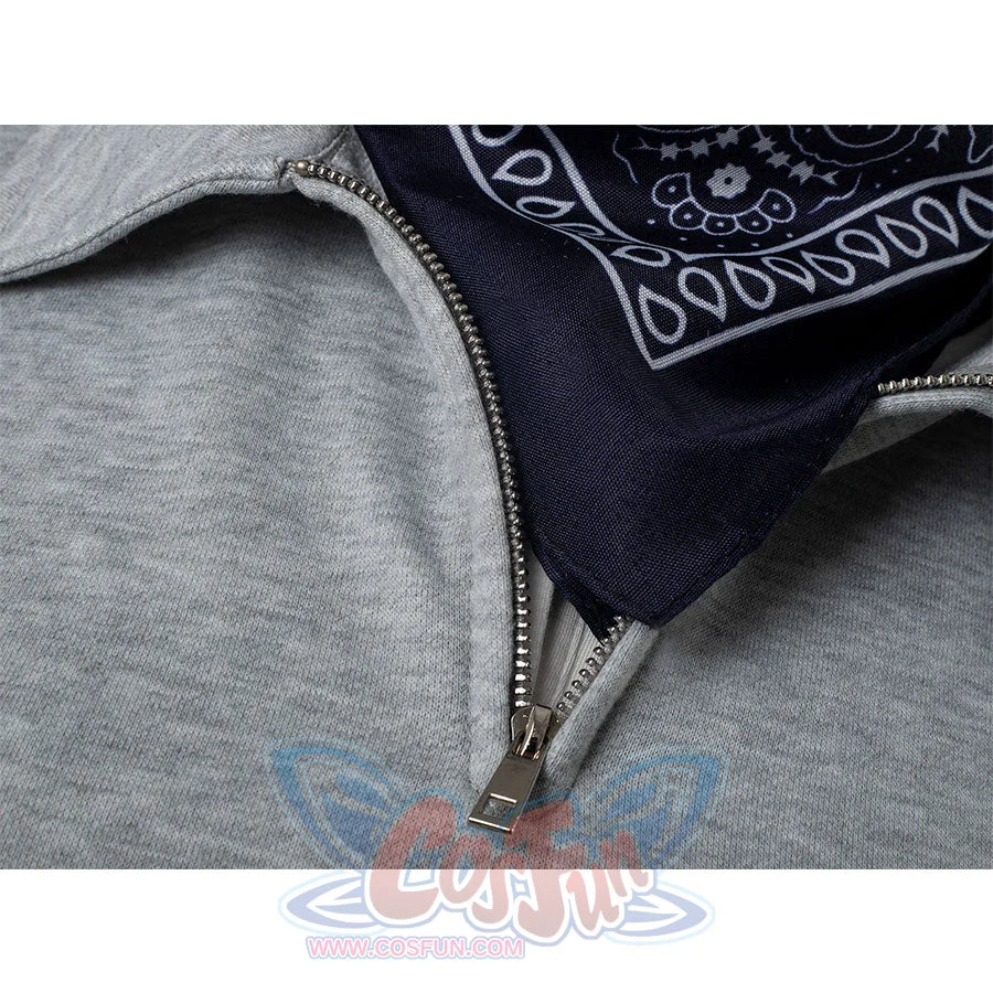 Detail view: Eleven Cosplay Costume gray cropped collared top with headscarf close-up.