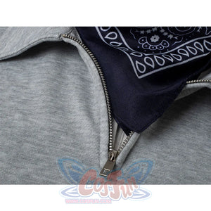 Detail view: Eleven Cosplay Costume gray cropped collared top with headscarf close-up.