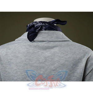 Back detail: Eleven Cosplay Costume gray cropped collared top with dark blue paisley headscarf.