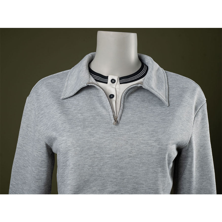Top detail: Eleven Cosplay Costume gray cropped collared top.