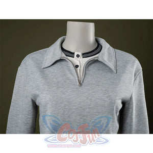 Top detail: Eleven Cosplay Costume gray cropped collared top.