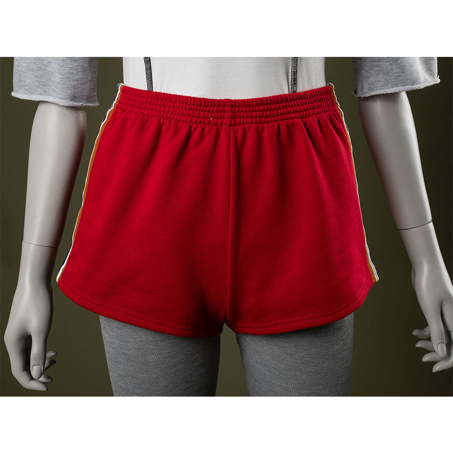 Shorts front: Eleven Cosplay Costume red side-striped shorts.