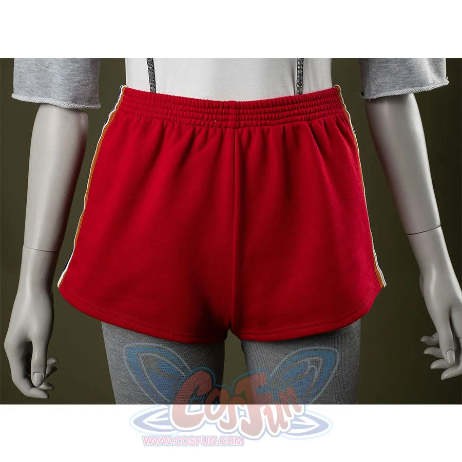 Shorts front: Eleven Cosplay Costume red side-striped shorts.