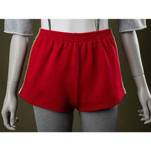 Shorts front: Eleven Cosplay Costume red side-striped shorts.