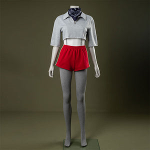 Front view: Eleven Cosplay Costume with gray cropped collared top (waist cutout), red side-striped shorts, gray leggings, and dark blue paisley headscarf.