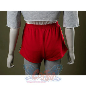 Shorts back: Eleven Cosplay Costume red side-striped shorts back view.