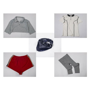 Full set display: Eleven Cosplay Costume set including Polo shirt, T-shirt, knitted leggings, elastic cropped shorts, and scarf.