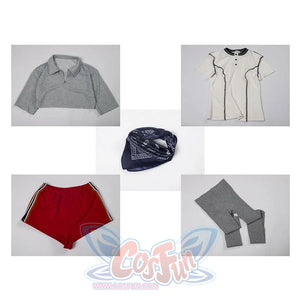 Full set display: Eleven Cosplay Costume set including Polo shirt, T-shirt, knitted leggings, elastic cropped shorts, and scarf.