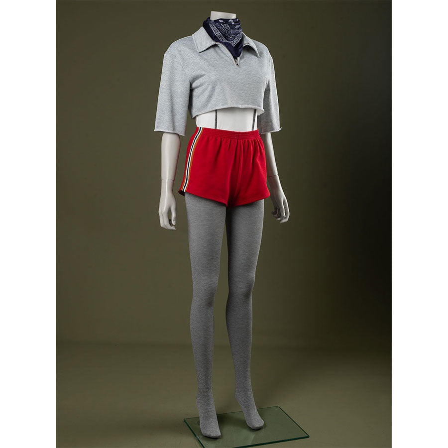 Front view: Eleven Cosplay Costume with gray cropped collared top (waist cutout), red side-striped shorts, gray leggings, and dark blue paisley headscarf.