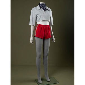 Left side view: Eleven Cosplay Costume with gray cropped collared top, red side-striped shorts, gray leggings, and dark blue paisley headscarf.
