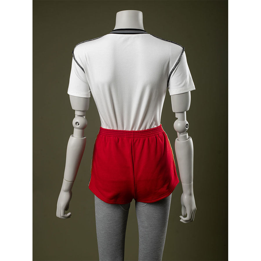 Back view: Eleven Cosplay Costume with T-shirt and red side-striped shorts.