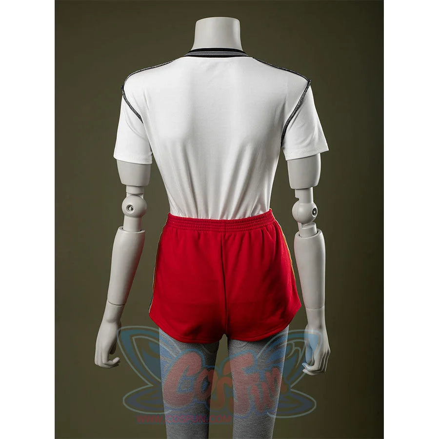 Back view: Eleven Cosplay Costume with T-shirt and red side-striped shorts.