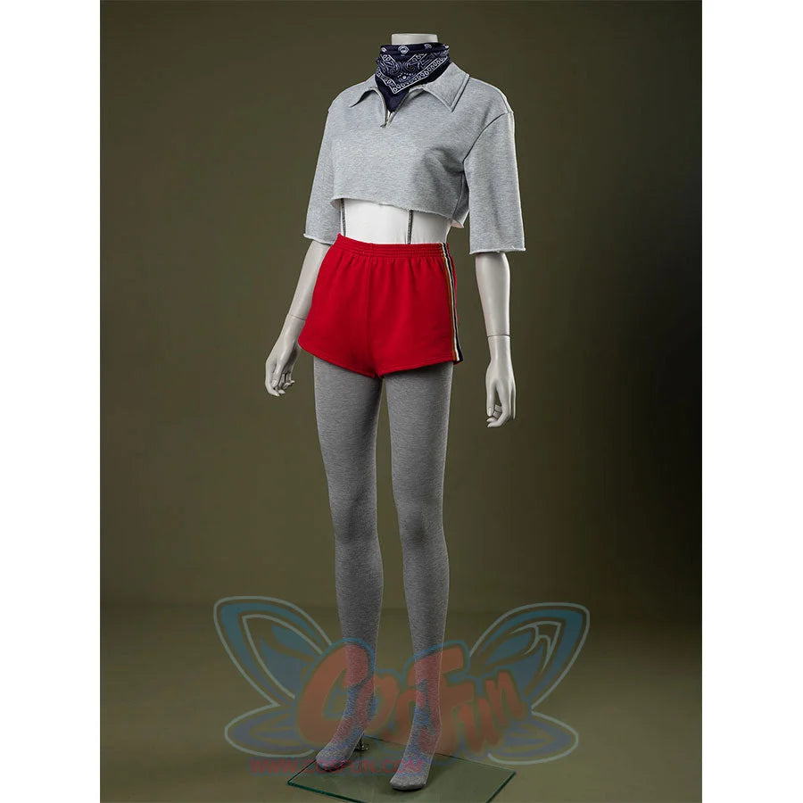 Right side view: Eleven Cosplay Costume with gray cropped collared top, red side-striped shorts, gray leggings, and dark blue paisley headscarf.