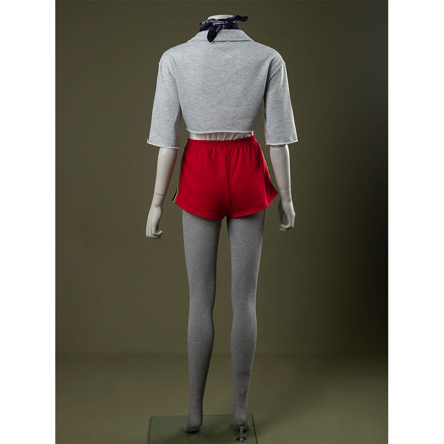 Back view: Eleven Cosplay Costume with gray cropped collared top, red side-striped shorts, gray leggings, and dark blue paisley headscarf.