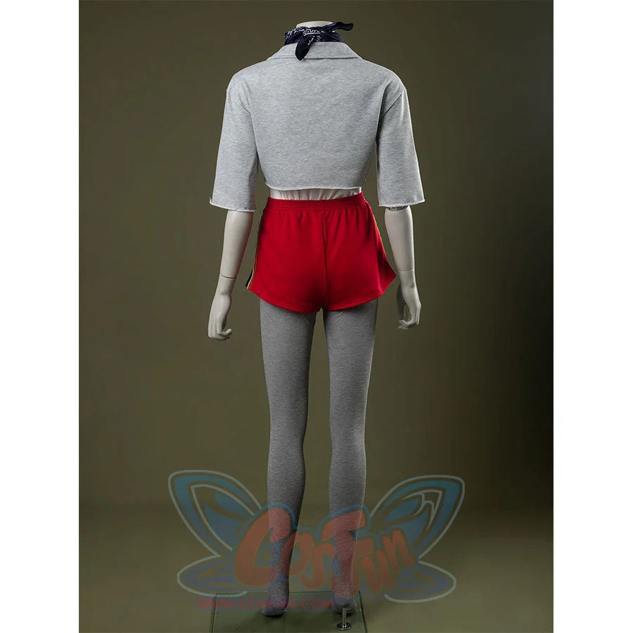 Back view: Eleven Cosplay Costume with gray cropped collared top, red side-striped shorts, gray leggings, and dark blue paisley headscarf.