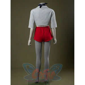 Back view: Eleven Cosplay Costume with gray cropped collared top, red side-striped shorts, gray leggings, and dark blue paisley headscarf.