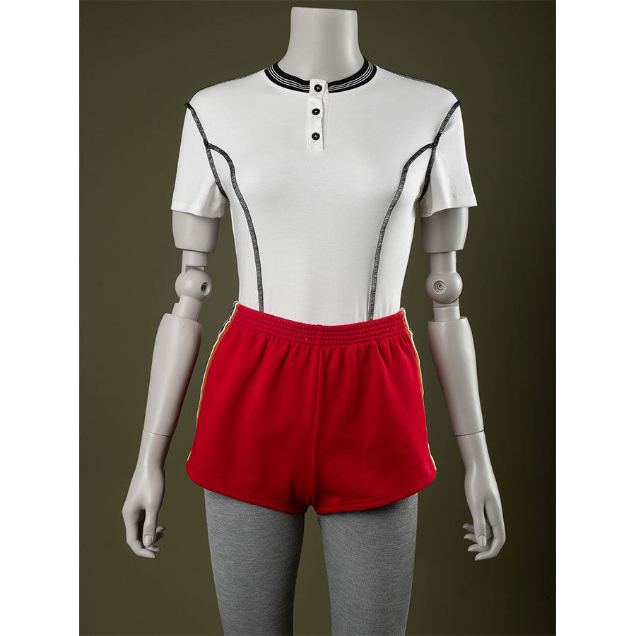 Front view: Eleven Cosplay Costume with T-shirt and red side-striped shorts.