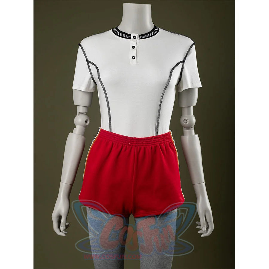 Front view: Eleven Cosplay Costume with T-shirt and red side-striped shorts.
