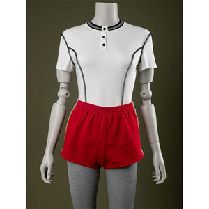 Front view: Eleven Cosplay Costume with T-shirt and red side-striped shorts.
