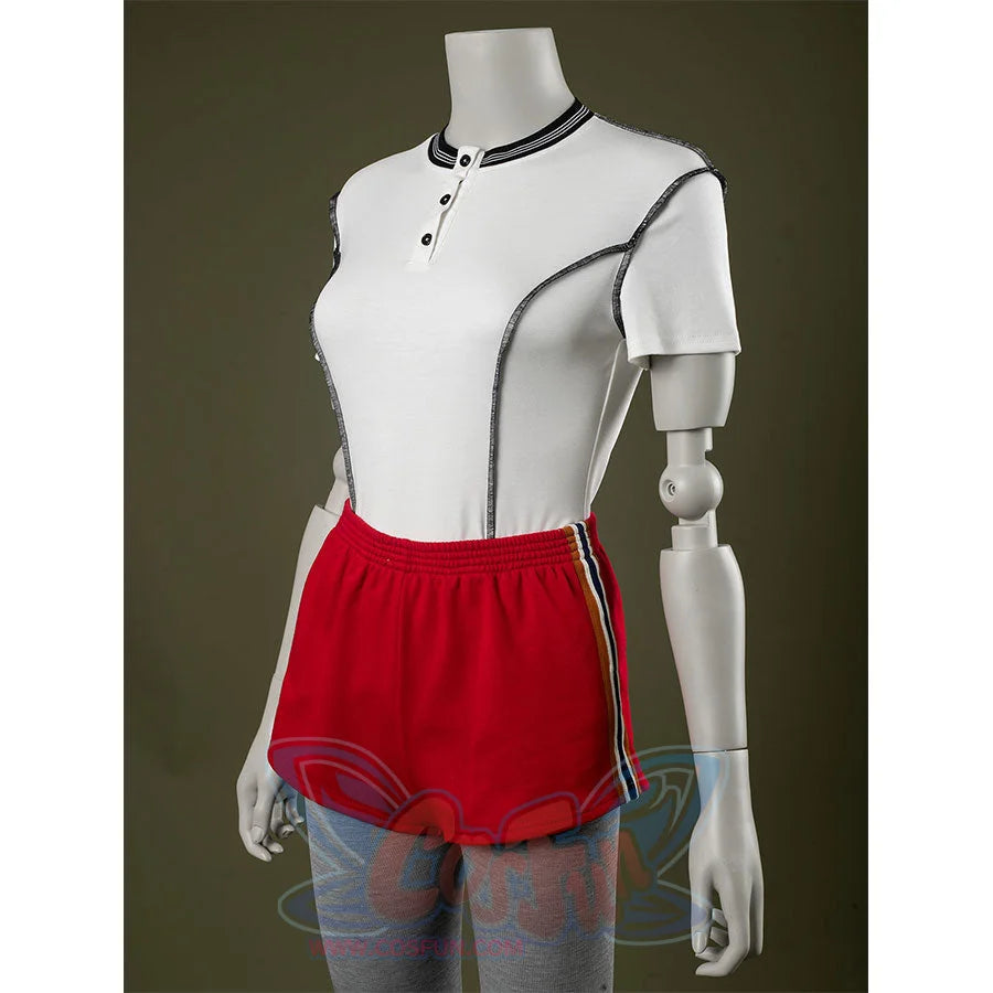 Side view: Eleven Cosplay Costume with T-shirt and red side-striped shorts.