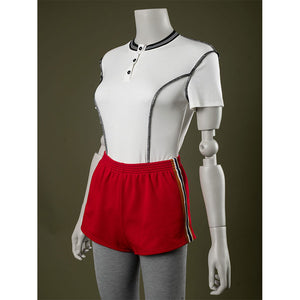 Side view: Eleven Cosplay Costume with T-shirt and red side-striped shorts.