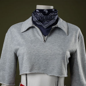 Detail view: Eleven Cosplay Costume gray cropped collared top (waist cutout).