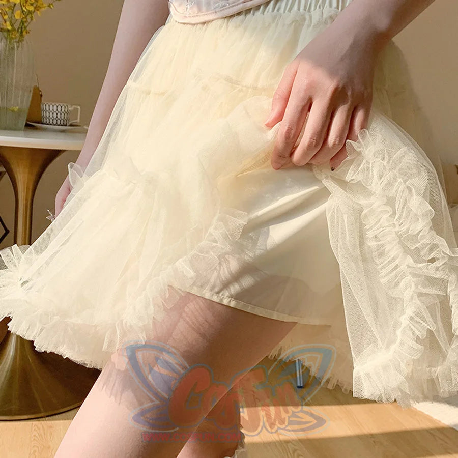Summer mesh high-waist tulle layered cake skirt in apricot, A-line puffy design.