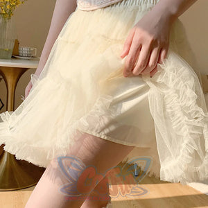 Summer mesh high-waist tulle layered cake skirt in apricot, A-line puffy design.