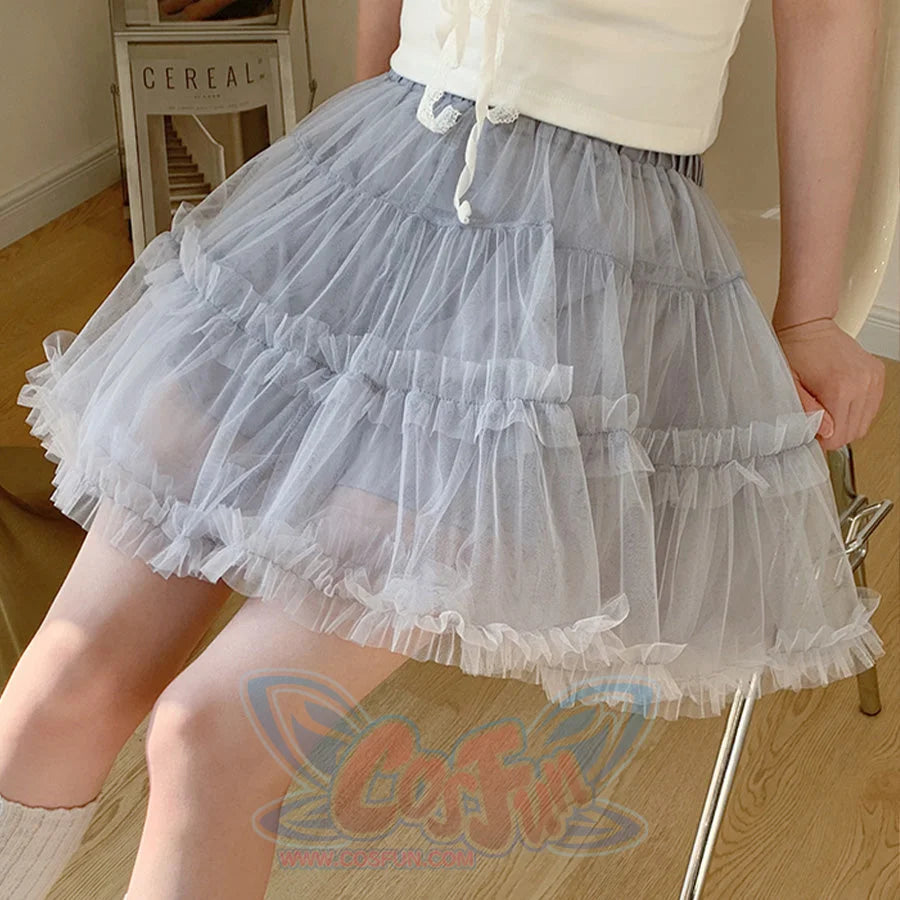 Summer mesh high-waist tulle layered cake skirt in blue, A-line puffy design.