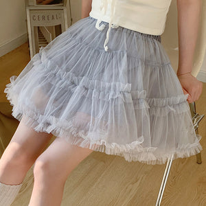 Summer mesh high-waist tulle layered cake skirt in blue, A-line puffy design.