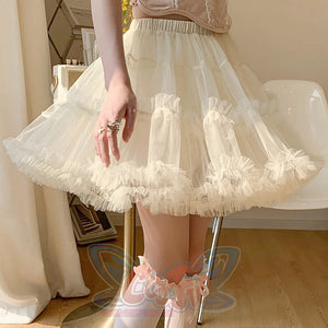Summer mesh high-waist tulle layered cake skirt in apricot, A-line puffy design.