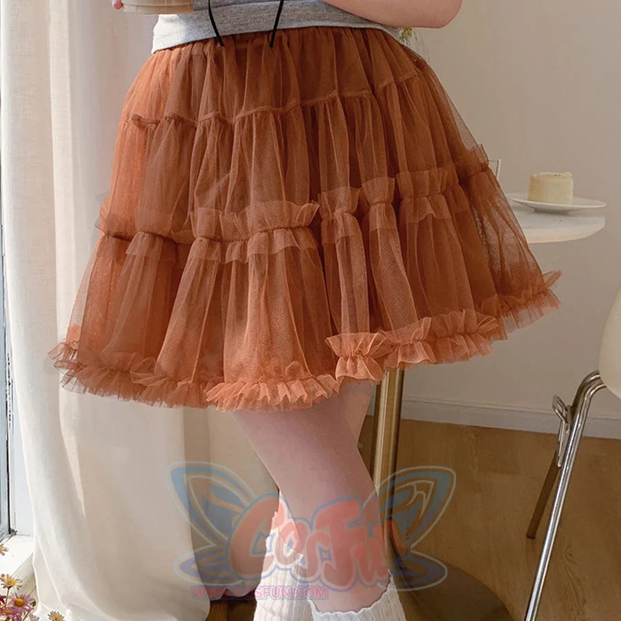 Summer mesh high-waist tulle layered cake skirt in khaki, A-line puffy design.