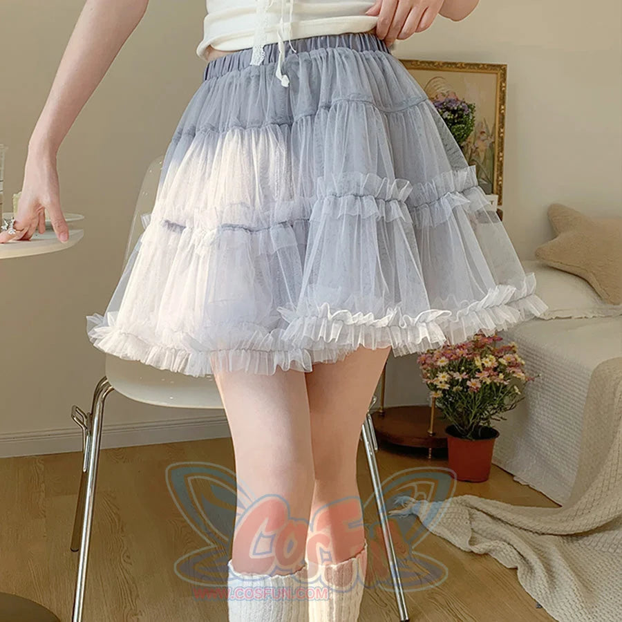 Summer mesh high-waist tulle layered cake skirt in blue, A-line puffy design.