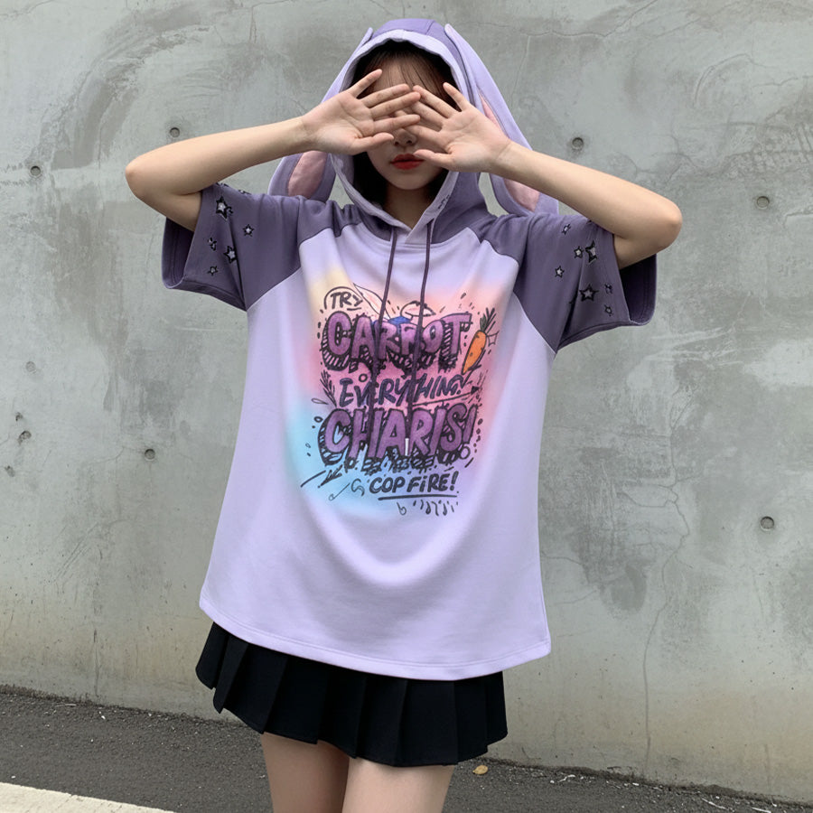 Model wearing summer purple bunny shirt with gradient hoodie and star-embroidered sleeves