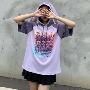 Model wearing summer purple bunny shirt with gradient hoodie and star-embroidered sleeves