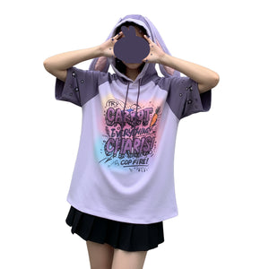 Model wearing summer purple bunny shirt with gradient hoodie