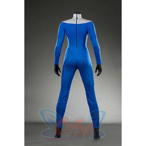 Shows the back without extra gear—pure blue jumpsuit, zipper, fabric texture. Highlights base design.