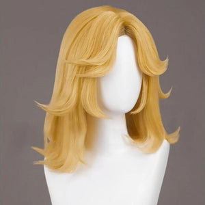 Front view of Invisible Woman Susan Storm cosplay wig, featuring layered golden blonde hair with feathered bangs