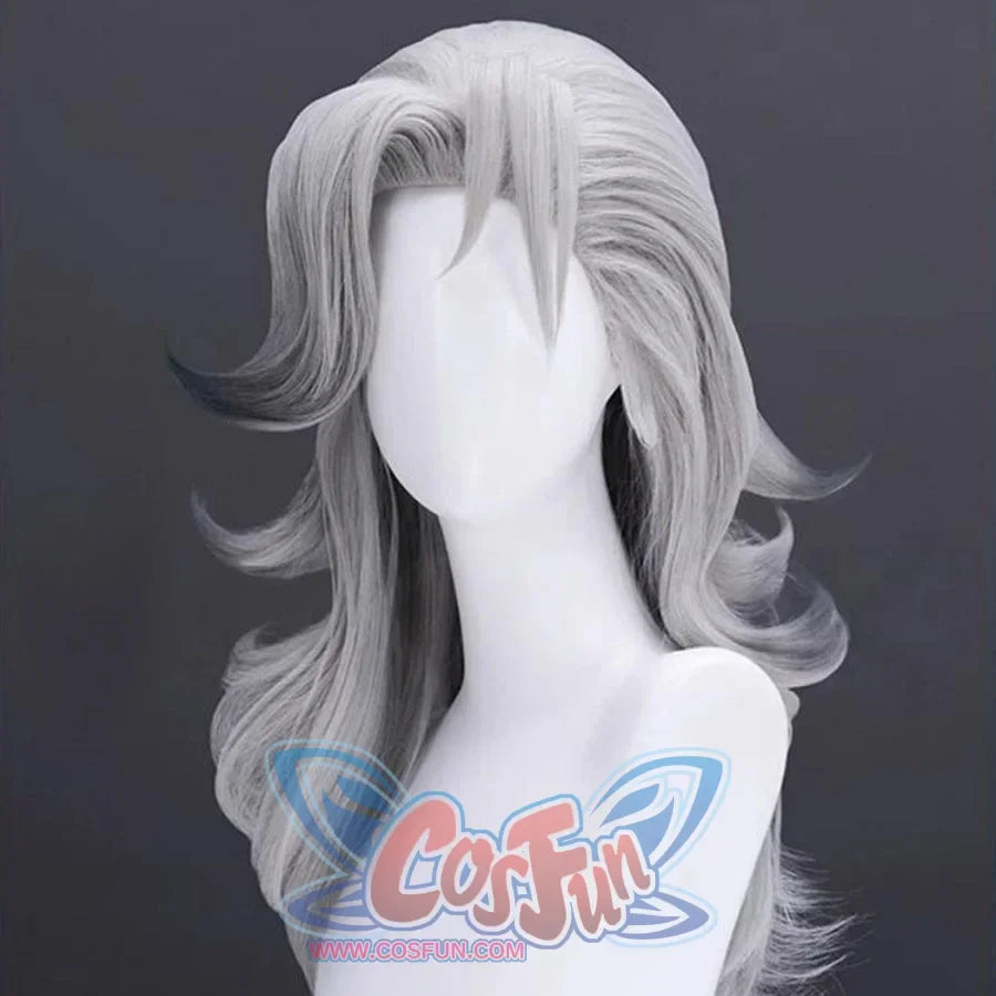 Side view of Susan Storm cosplay wig. Showcases silver - gray, wavy texture, with layers flowing along the side and hints of darker tones in the curls