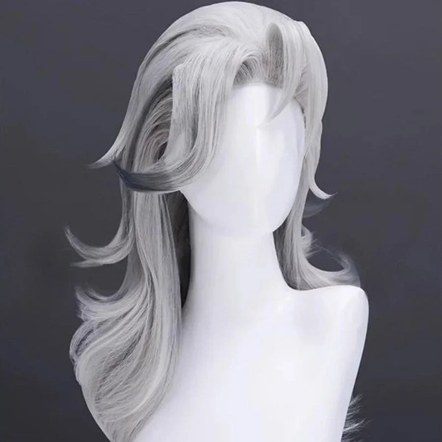 Front view of Susan Storm cosplay wig. Silver - gray hair with layered waves, featuring distinct front strands and subtle dark accents