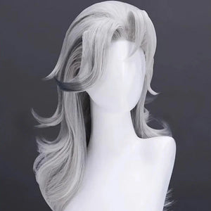 Front view of Susan Storm cosplay wig. Silver - gray hair with layered waves, featuring distinct front strands and subtle dark accents