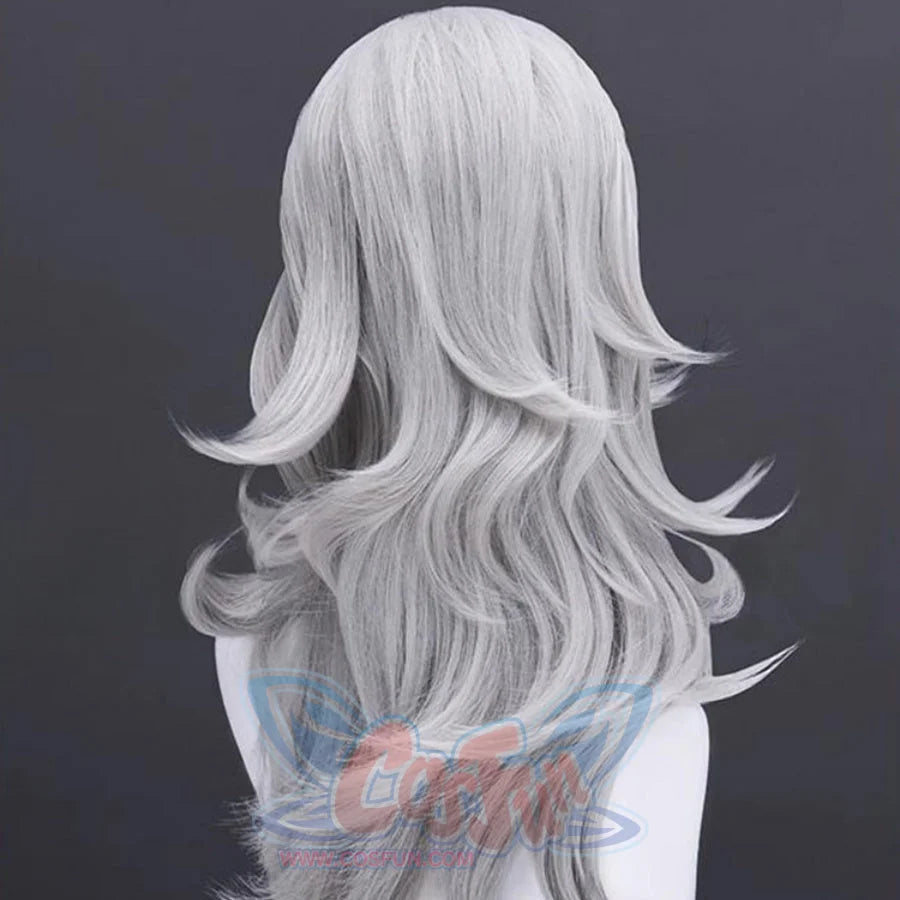 Back view of Susan Storm cosplay wig. Displays long, silver - gray wavy hair, with natural - looking waves cascading down the back