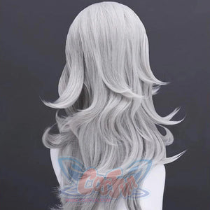 Back view of Susan Storm cosplay wig. Displays long, silver - gray wavy hair, with natural - looking waves cascading down the back