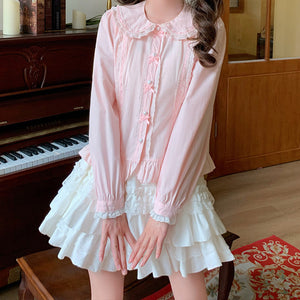 Pink Lolita long sleeve blouse with lace Peter Pan collar and heart buttons with bow decoration