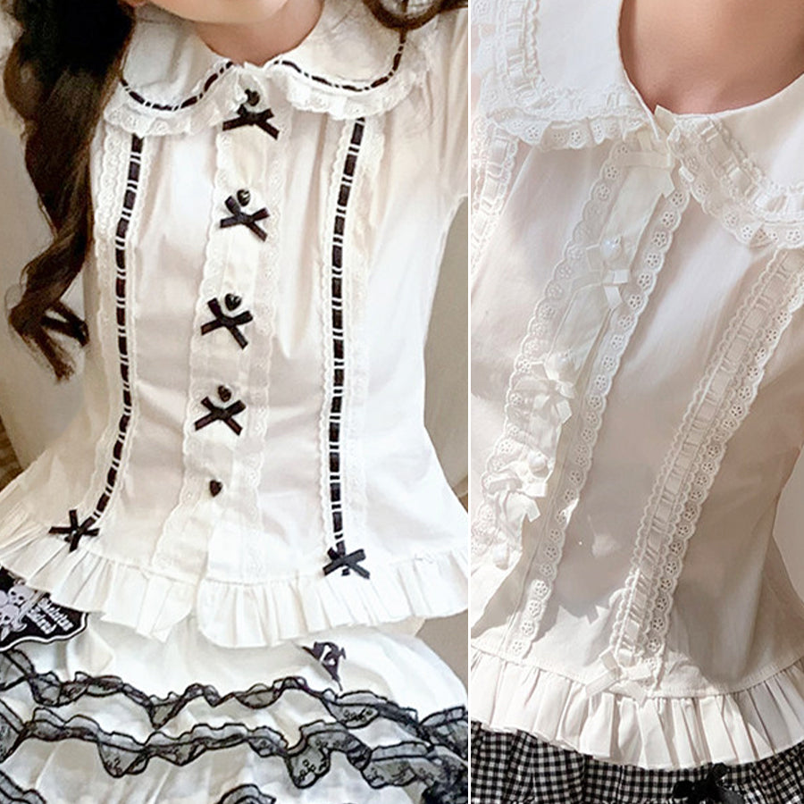 Side-by-side comparison of white-black and white Lolita blouse variants, showing contrasting lace trim and bow details.