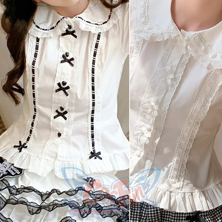 Side-by-side comparison of white-black and white Lolita blouse variants, showing contrasting lace trim and bow details.