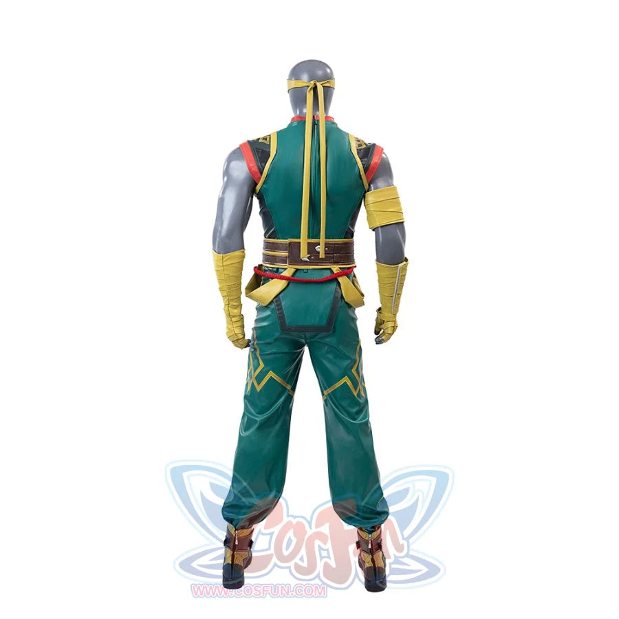 Displays the back of the Sword Master Iron Fist cosplay costume, featuring a green outfit with yellow accents, a belt, and wrist guards.