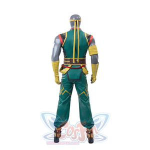 Displays the back of the Sword Master Iron Fist cosplay costume, featuring a green outfit with yellow accents, a belt, and wrist guards.