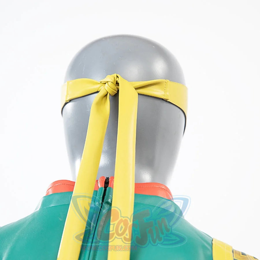 Presents the back detail of the yellow mask with tied straps from the Sword Master Iron Fist cosplay costume.